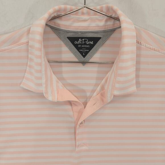 Adidas Adipure Polo Mens Large Pink Striped Performance Short Sleeve Golf Shirt - Picture 3 of 11